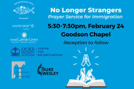 Image that says &amp;amp;amp;quot;No Longer Strangers: Prayer Service for Immigration&amp;amp;amp;quot; with the time and location of the event. Logos for the four sponsoring organizations are displayed along with a graphic of a family carrying baggage and running across the pages of an open Bible under a prayer hands symbol.